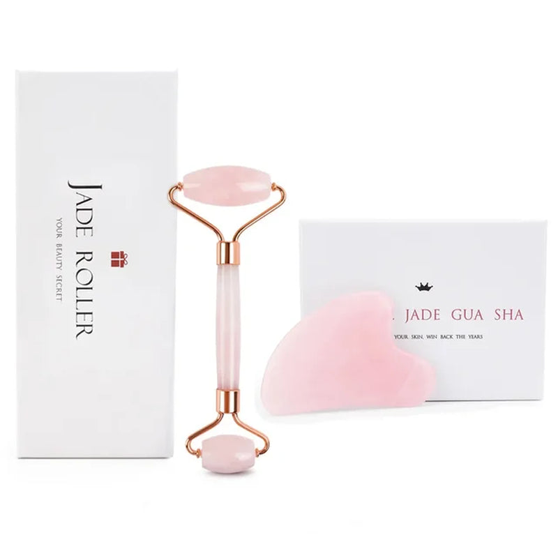 Rose Quartz Natural Jade Roller Gua Sha Scraper Set Facial Roller Massager for Face Body Neck Lifting Tighten Slimming Skin Care