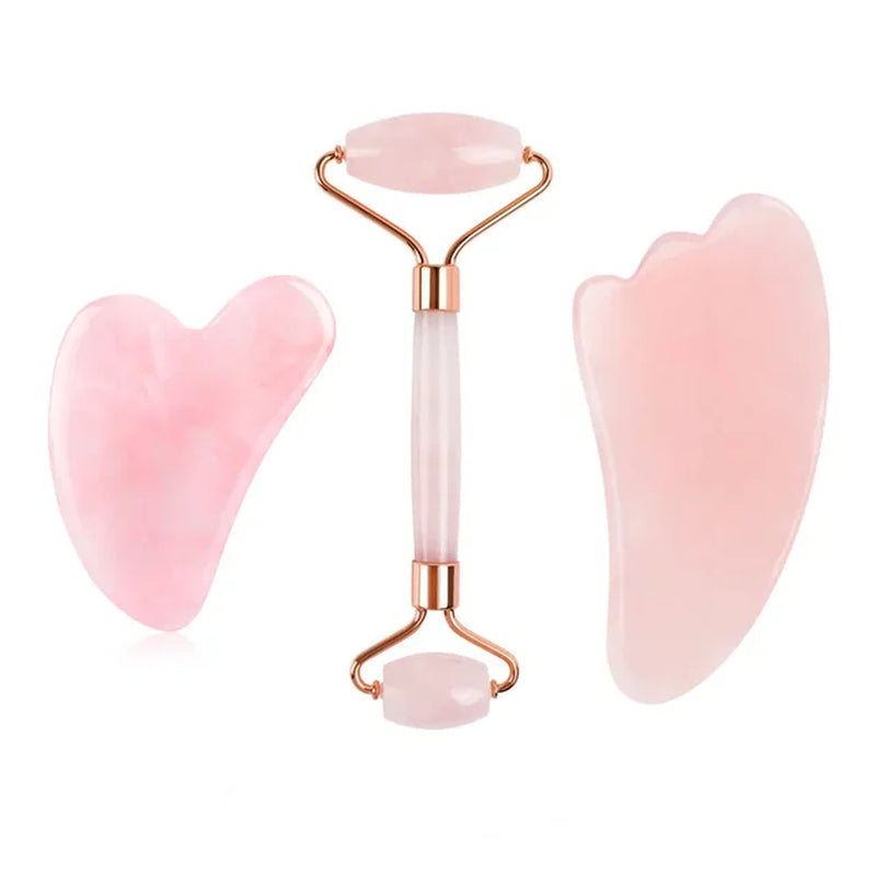 Rose Quartz Natural Jade Roller Gua Sha Scraper Set Facial Roller Massager for Face Body Neck Lifting Tighten Slimming Skin Care